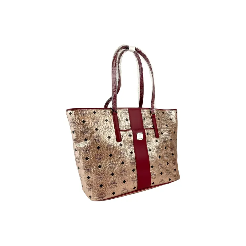 MCM Monogram Coated Canvas With Leather Tote Bag, Shopping Bag, Shoulder Bag Medium Size Women's Champagne Gold-2