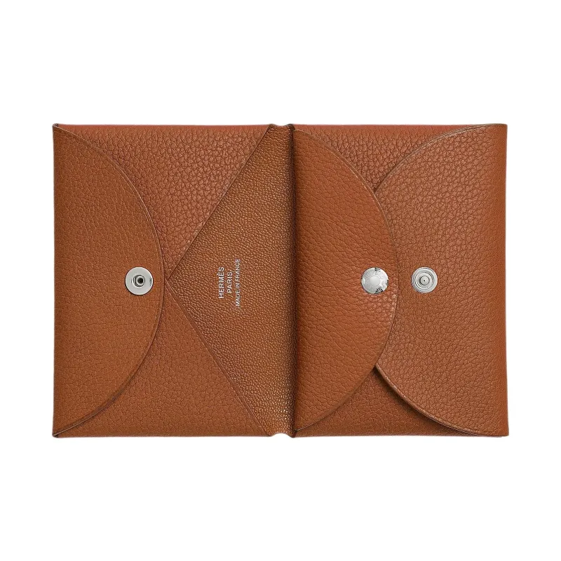 HERMES Calvi Duo Barenia Faubourg Calfskin Card Holder Women's 34 Fauve Light Tawny-1