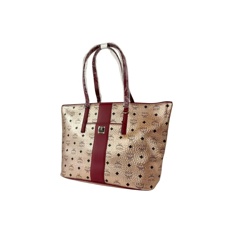 MCM Monogram Coated Canvas With Leather Tote Bag, Shopping Bag, Shoulder Bag Medium Size Women's Champagne Gold-1