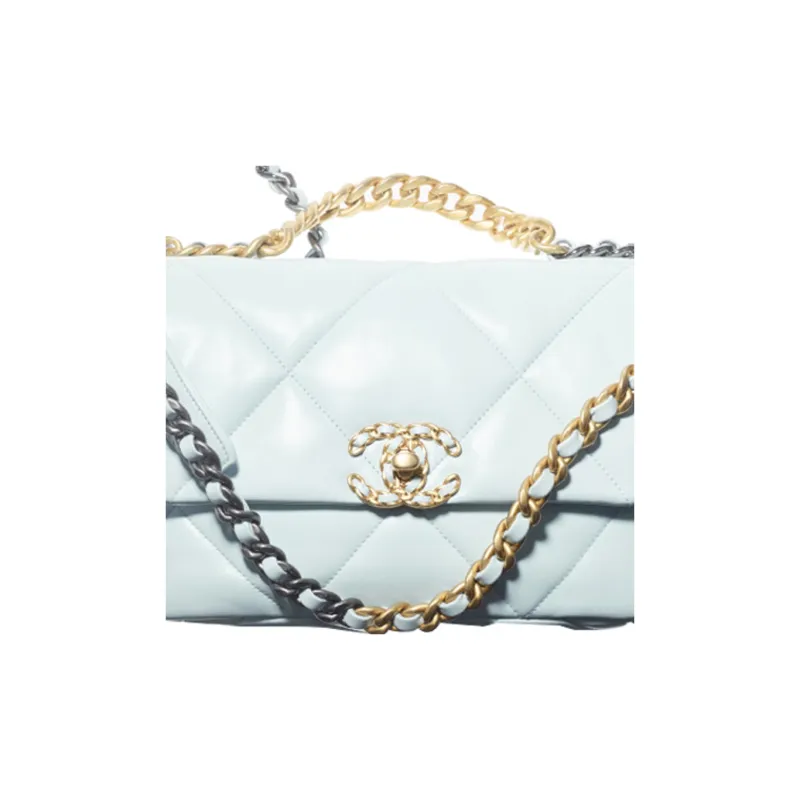 CHANEL 19Bag Lambskin And Gold Metal Shoulder Bag, Crossbody Bag Women's Light Blue-3
