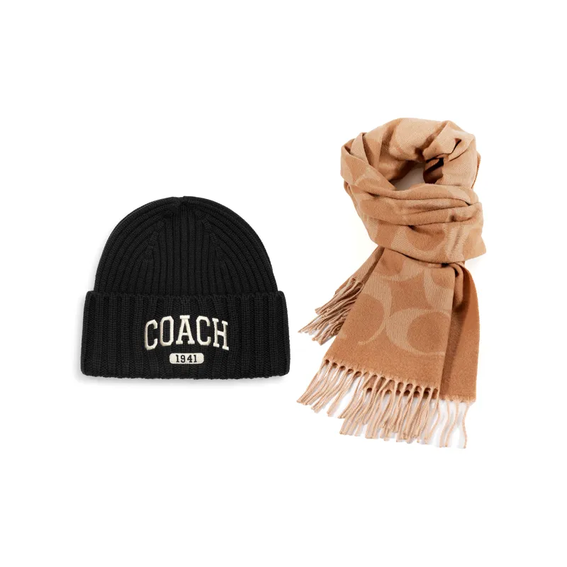 COACH Sheep Wool Beanie Cashmere Scarf Set Unisex-0
