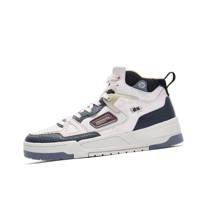 QIAODAN Infinite Abrasion Resistant, Lightweight, And Breathable High Top Skateboard Shoes Women's White Pink Black-3