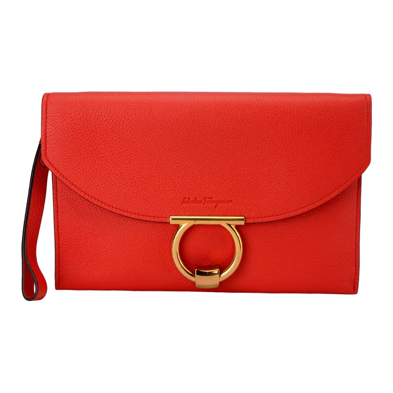 FERRAGAMO GANCINI Calfskin Clutch Women's Candy Apple Red-1