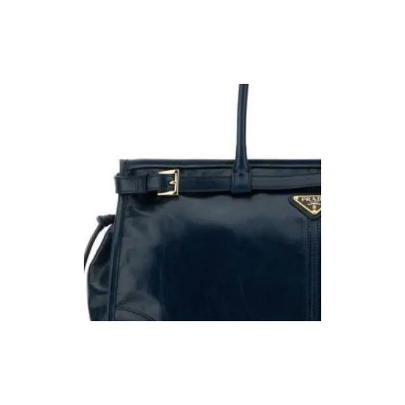 PRADA Leather Shoulder Bag Tubas Women's Dark Blue-2