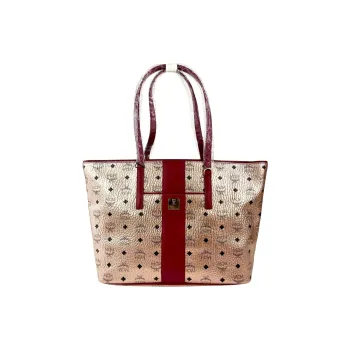 MCM Monogram Coated Canvas With Leather Tote Bag, Shopping Bag, Shoulder Bag Medium Size Women's Champagne Gold
