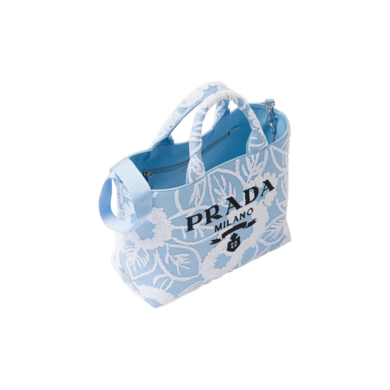 PRADA Fabric With Leather Accents Tote Bag Shopping Bag Handbag Women's Blue White Multicolor-2
