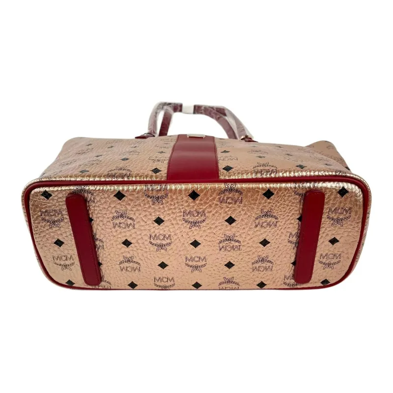 MCM Monogram Coated Canvas With Leather Tote Bag, Shopping Bag, Shoulder Bag Medium Size Women's Champagne Gold-4