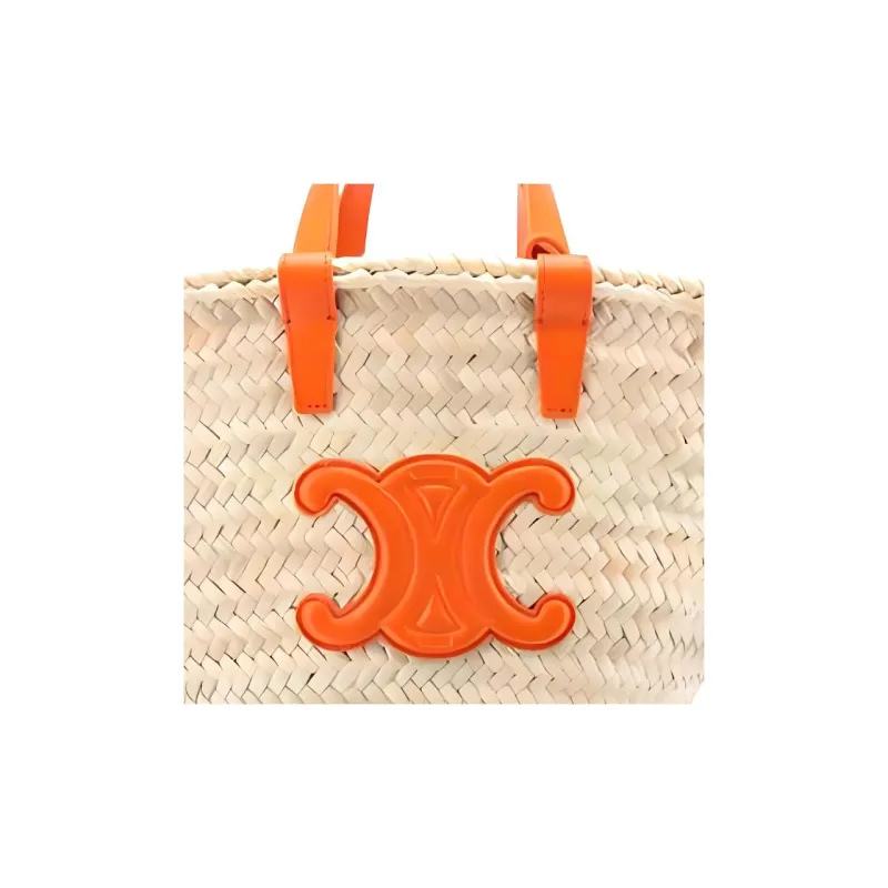 CELINE Triomphe Palm Leaf Cow Leather Patchwork Tote Bag Shopping Bag Basket Handbag Women's Orange-2