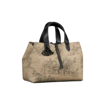 DIOR Toujours Cotton With Calfskin Tote Bag, Shopping Bag, Indigenous Bag, Handbag Medium Size Women's Beige & Black