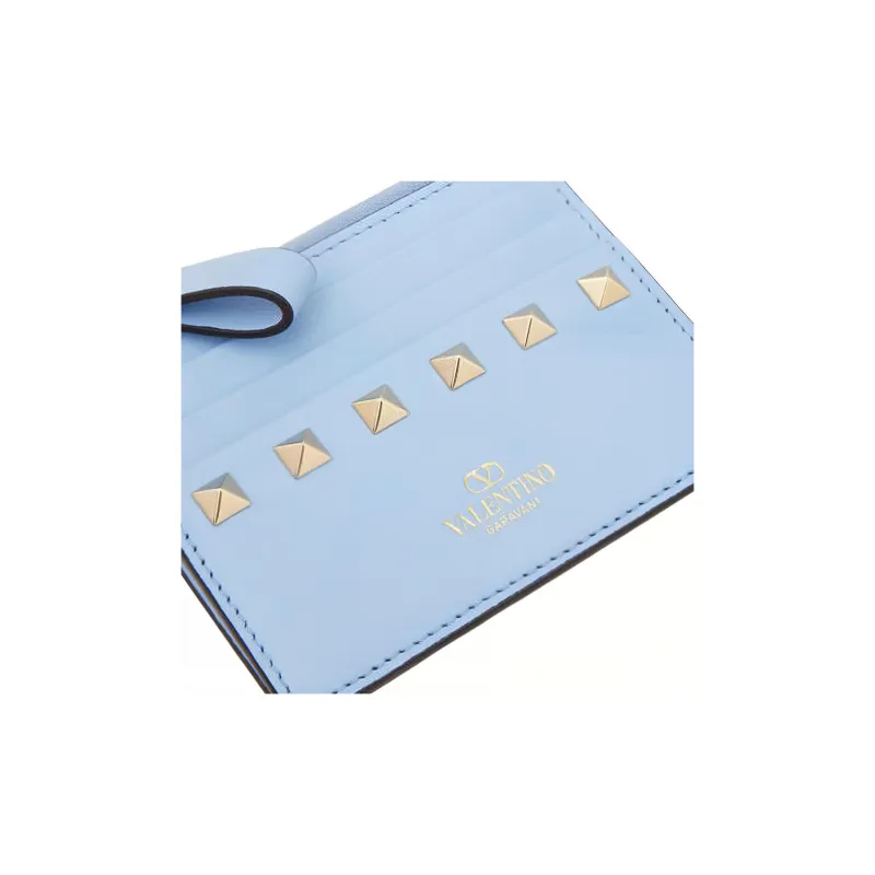 Valentino Rockstud Calfskin Card Holder Women's Sky Blue-4