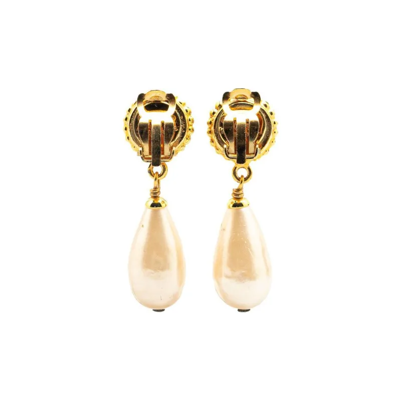 CHANEL 1980 1990 Plated Clover Faux Pearl Dangling Clip On Earrings Costume Earrings-1