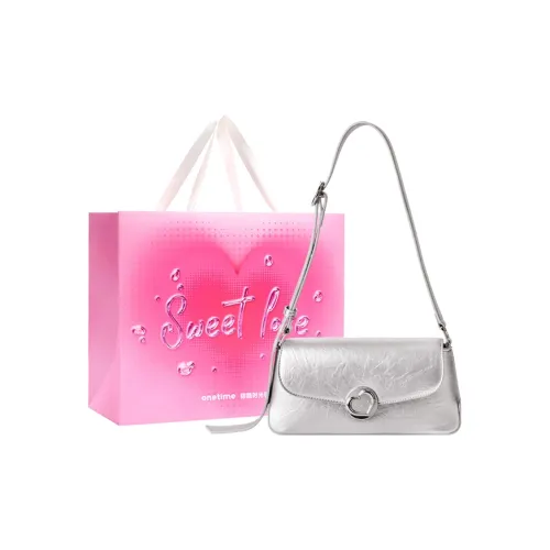 ONE TIME Synthetic Leather Handbag, Shoulder Bag, Crossbody Bag Regular Medium Size Women's Metallic Silver/Black