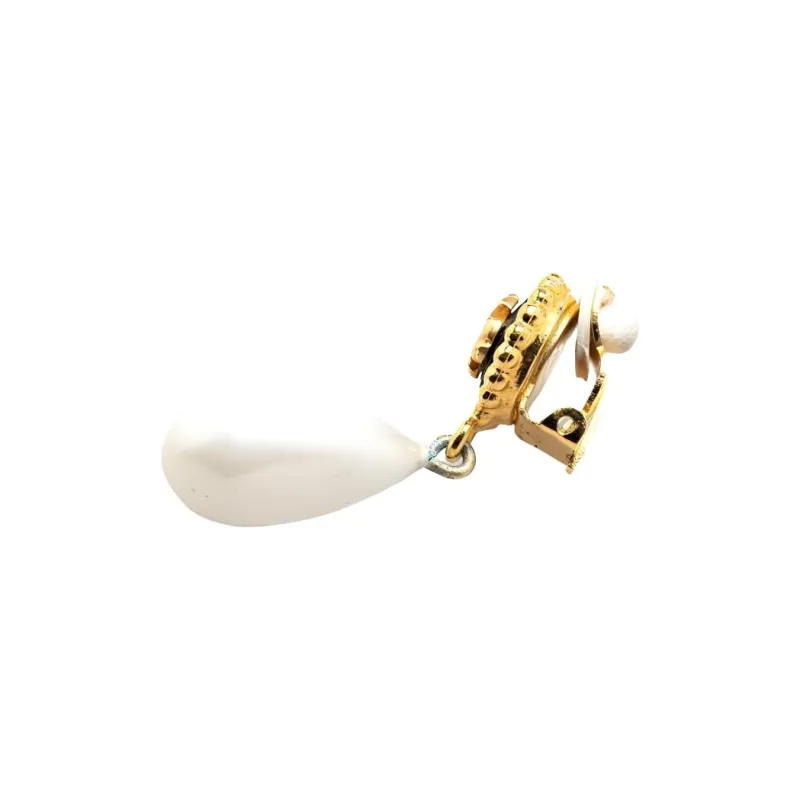 CHANEL 2003 Gold Plated Clover Faux Pearl Drop Costume Earrings-3