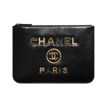 CHANEL Calfskin With Crystal Pearl With Water Crystal With Enamel Clutch Women's Black
