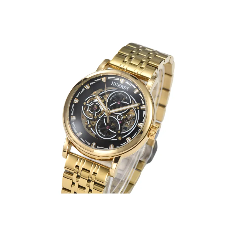 KUERST Automatic Mechanical Movement Steel Strap Watch Men's Watches Gold Dial-6
