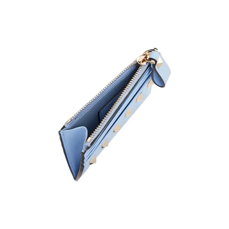 Valentino Rockstud Calfskin Card Holder Women's Sky Blue-3