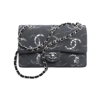 CHANEL Classic Flap CF Denim Sequins Shoulder Bag Crossbody Bag Women's Black Gray Color