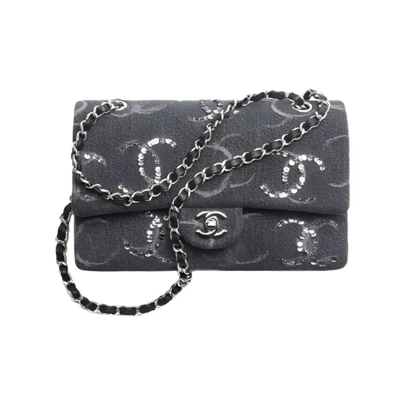 CHANEL Classic Flap CF Denim Sequins Shoulder Bag, Crossbody Bag Women's Black Gray-0