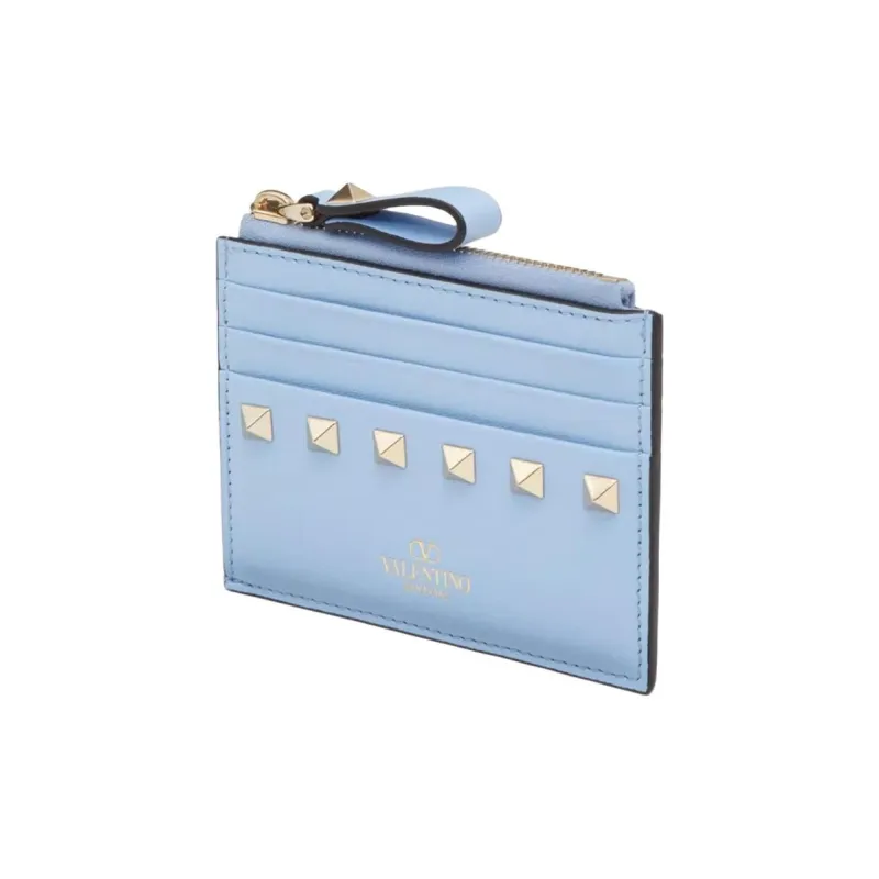 Valentino Rockstud Calfskin Card Holder Women's Sky Blue-1