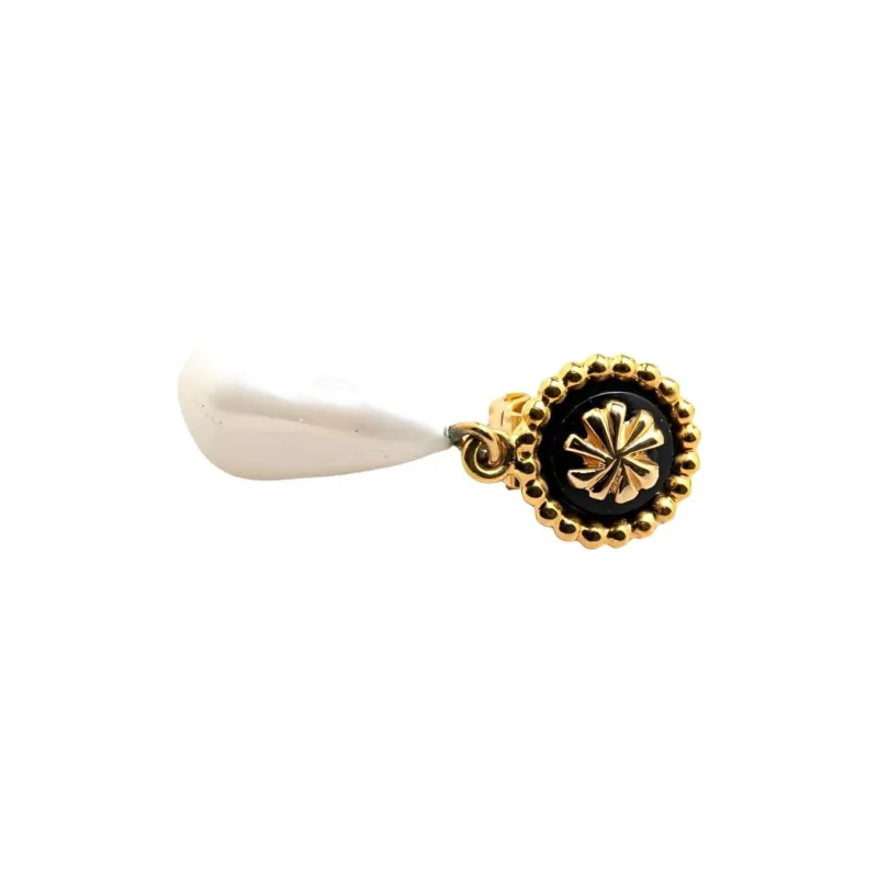 CHANEL 2003 Gold Plated Clover Faux Pearl Drop Costume Earrings-2