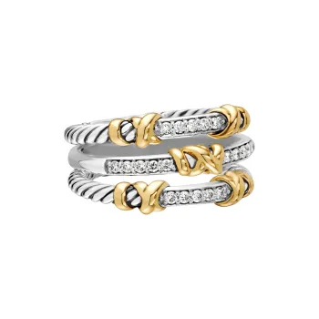 David Yurman 18kt Yellow Gold And Sterling Silver Petite Helena Wrap Three Row Diamond Ring 12mm