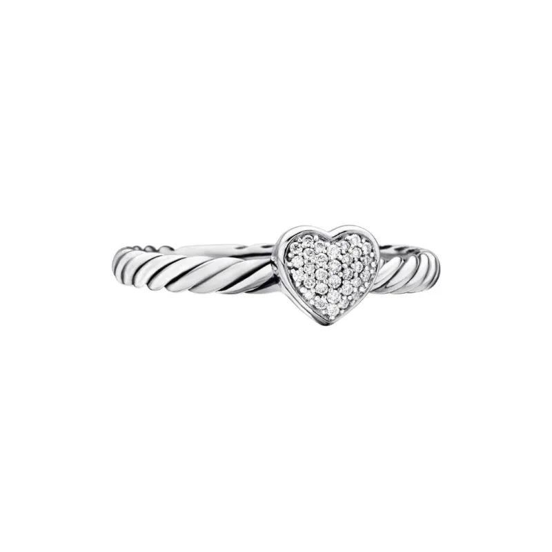 David Yurman Sterling Silver Cable Collectibles Heart Stack Diamond Ring 6.2mm-1