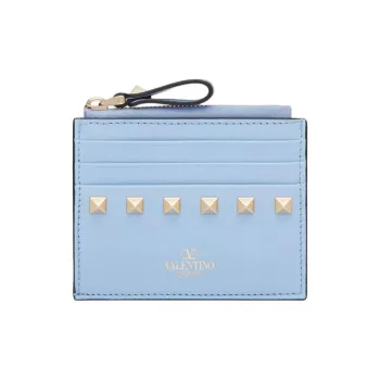 Valentino Rockstud Calfskin Card Holder Women's Sky Blue
