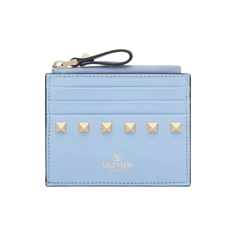 Valentino Rockstud Calfskin Card Holder Women's Sky Blue-0