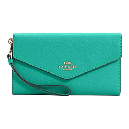 COACH Travel Wallet Cross Stitch Leather Card Holder Wallet Women's Emerald Green