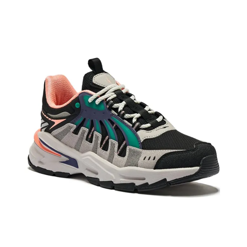 Erke Cushioning Anti Slip And Wear Resistant Low Top Running Shoes Women's Jet Black Neon Orange Pink-3
