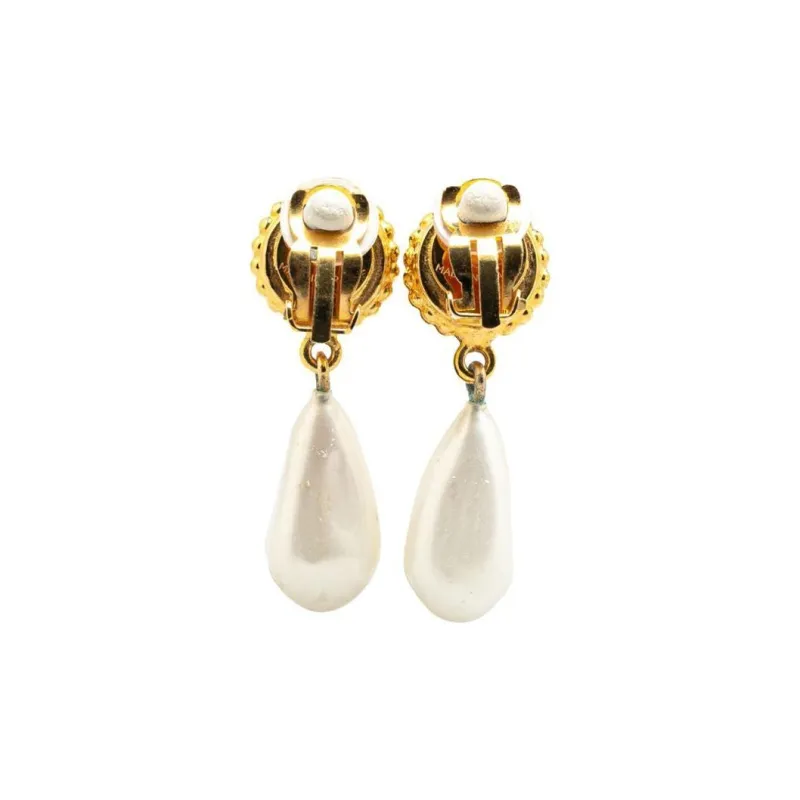 CHANEL 2003 Gold Plated Clover Faux Pearl Drop Costume Earrings-1