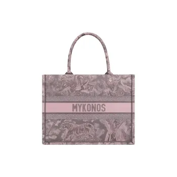 DIOR BookTote Embroidery Tote Bag Shopping Bag Handbag Medium Size Women's Gray & Pink