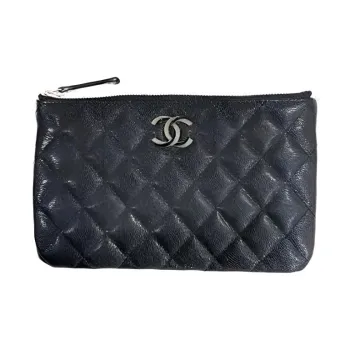 CHANEL Cow Leather Clutch Evening Bag Coin Purse Wallet Unisex Black