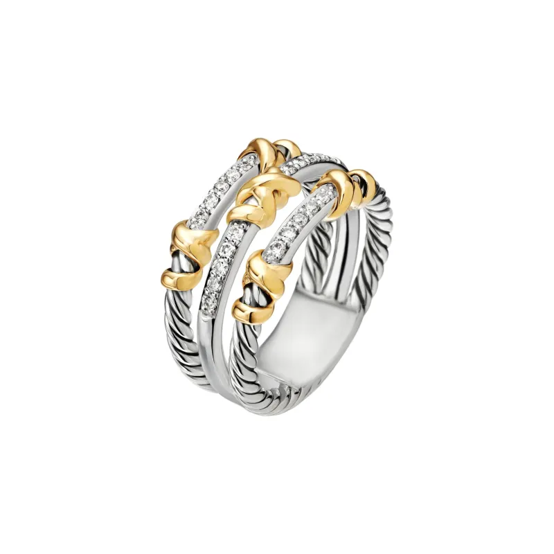 David Yurman 18kt Yellow Gold And Sterling Silver Petite Helena Wrap Three Row Diamond Ring 12mm-2