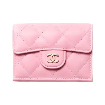 CHANEL 22K Autumn And Winter Sheepskin With Gold Metal Pocket Cover Wallet Small Size Women's Light Pink Red