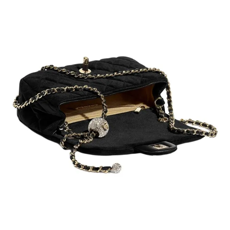 CHANEL Small Gold Ball Classic Flap CF Velour Flap Bag, Shoulder Bag, Crossbody Bag Women's Black-2