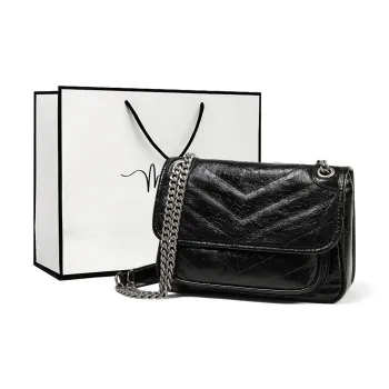 MILLIE'S Cow Leather Patchwork Synthetic Leather Shoulder Bag Crossbody Bag Chain Messenger Bag Regular Women's Black