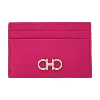FERRAGAMO GANCINI Hammered Texture Cow Leather Card Holder Women's Rose Pink