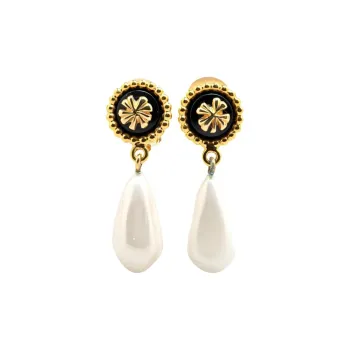 CHANEL 2003 Gold Plated Clover Faux Pearl Drop Costume Earrings