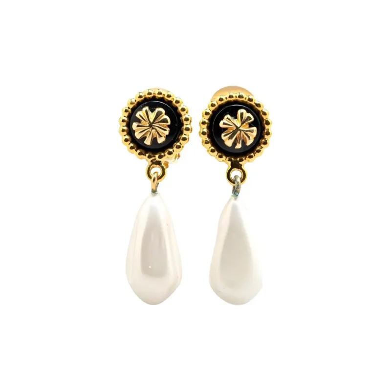 CHANEL 2003 Gold Plated Clover Faux Pearl Drop Costume Earrings-0
