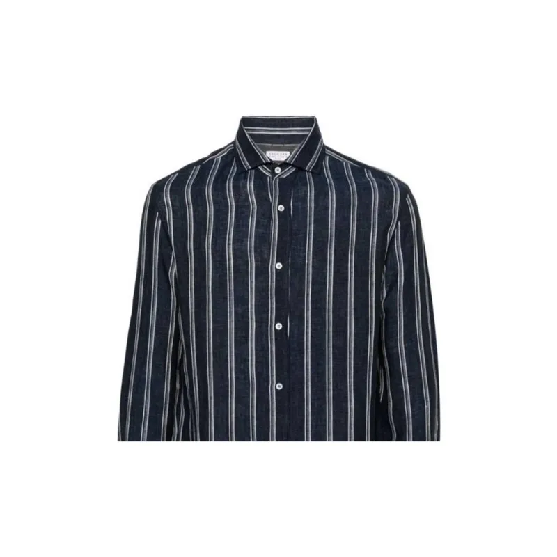 Brunello Cucinelli Striped Chambray Linen Shirt-4