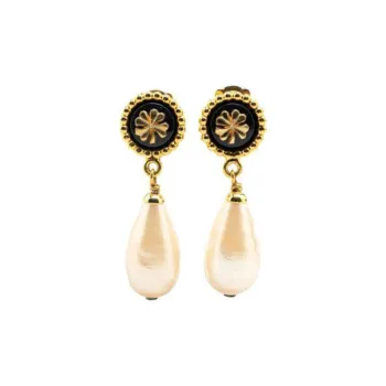 CHANEL 1980 1990 Gold Plated Clover Faux Pearl Drop Costume Earrings