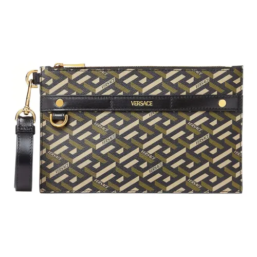 VERSACE Cow Leather Coin Purse, Clutch Medium Size Men's Gray Brown
