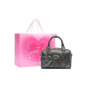 ONE TIME Synthetic Leather Heart Boston One Shoulder Handbag Medium Size Women's Silver Black