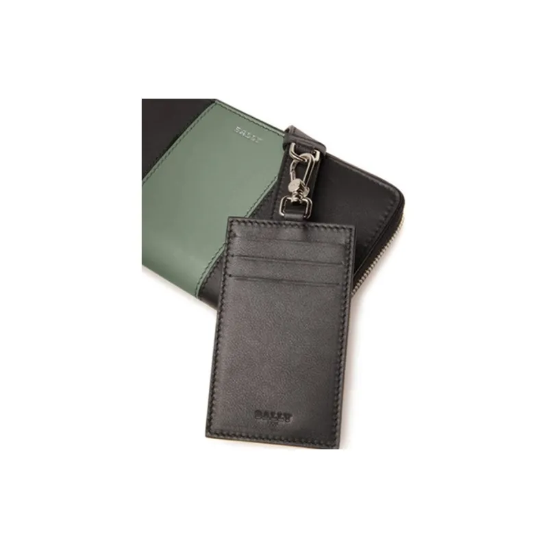 BALLY Cow Leather Card Holder Wallet Small Size Men's Black Green Multicolor-4