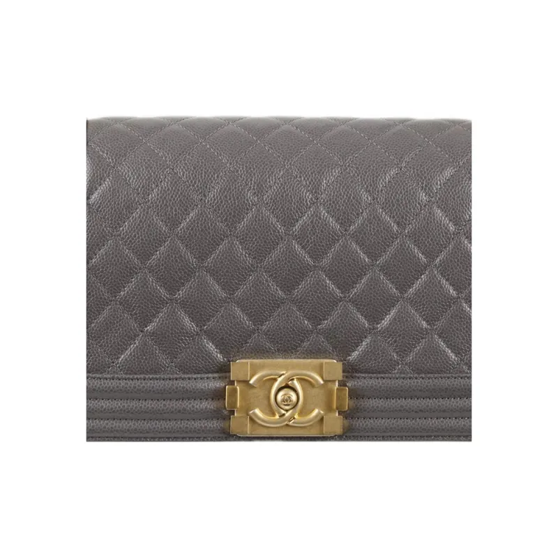CHANEL Gold Metal Grain Embossed Caviar Calfskin Flap Bag, Shoulder Bag, Crossbody Bag Women's Dark Gray-1