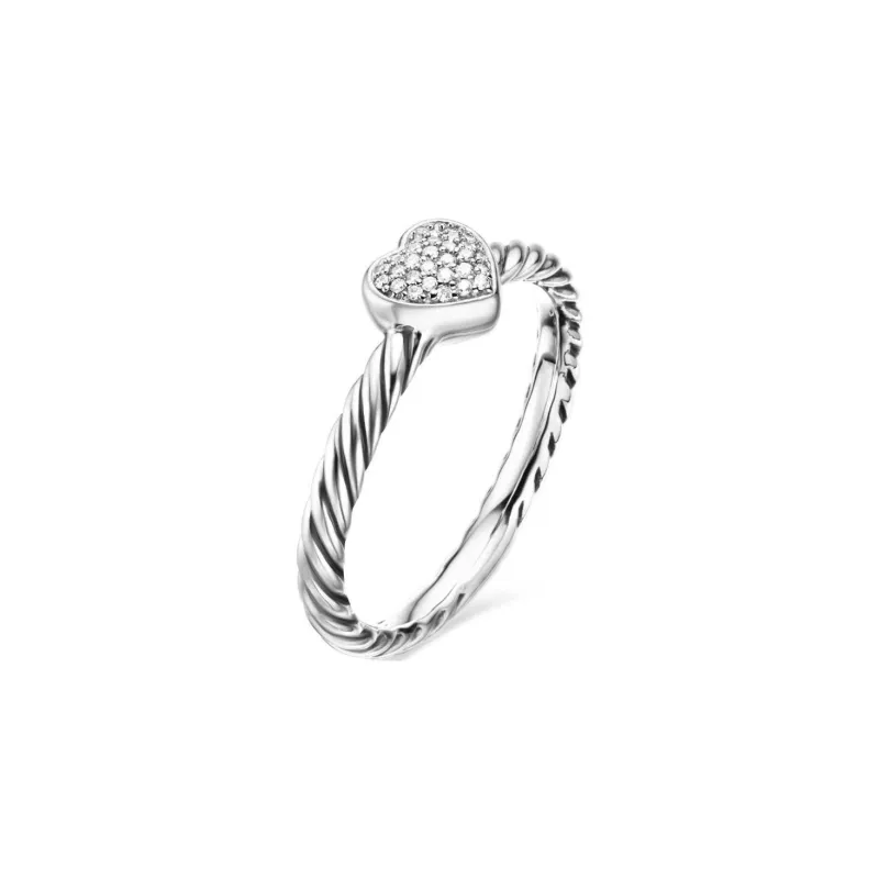 David Yurman Sterling Silver Cable Collectibles Heart Stack Diamond Ring 6.2mm-2