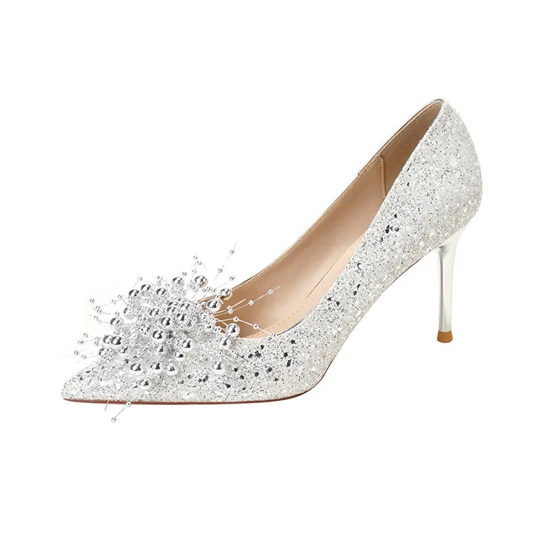 HKCP High Heels Women's White Silver, Water Silver, Champagne-5