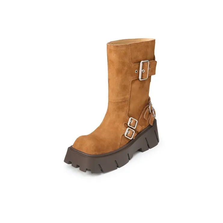 Lost In Echo Brown Square Toe Wide-Calf Platform Biker Ankle Boots Crew Boots-4