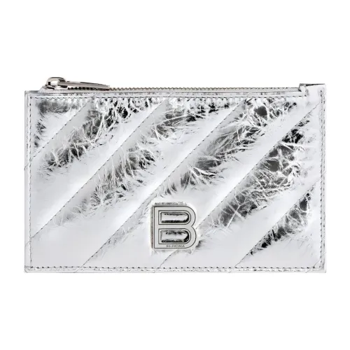 Balenciaga CRUSH Embossed Cowhide Leather Coin Purses Card Holders Women's Silver